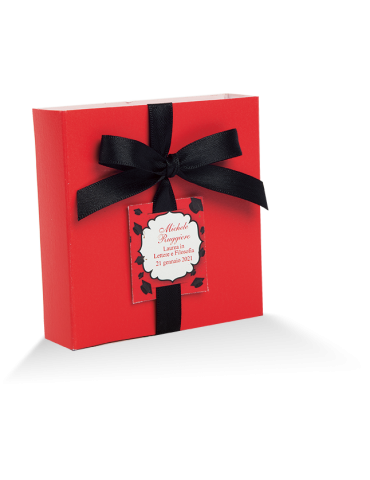 Laurea scatola fiammifero quadrata con due divisori, completa di targhetta personalizzabile e nastrino
